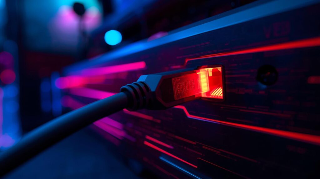 Close-up of glowing Ethernet connection.